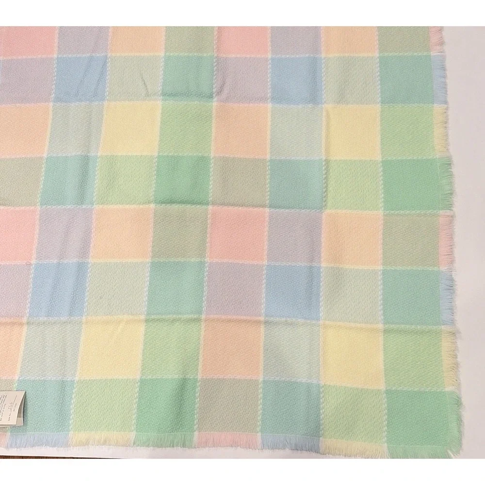Baby Blanket Three Weavers Pastel Pink Blue Green Squares Acrylic NWT Vintage